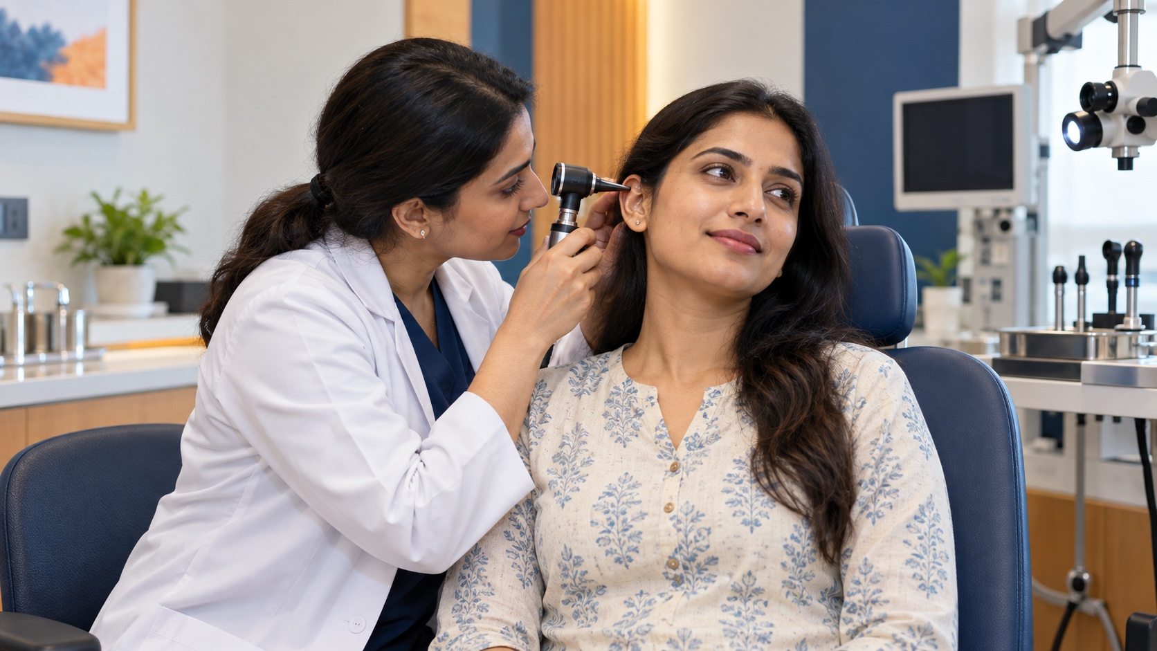 ENT specialist examining a patient's ear