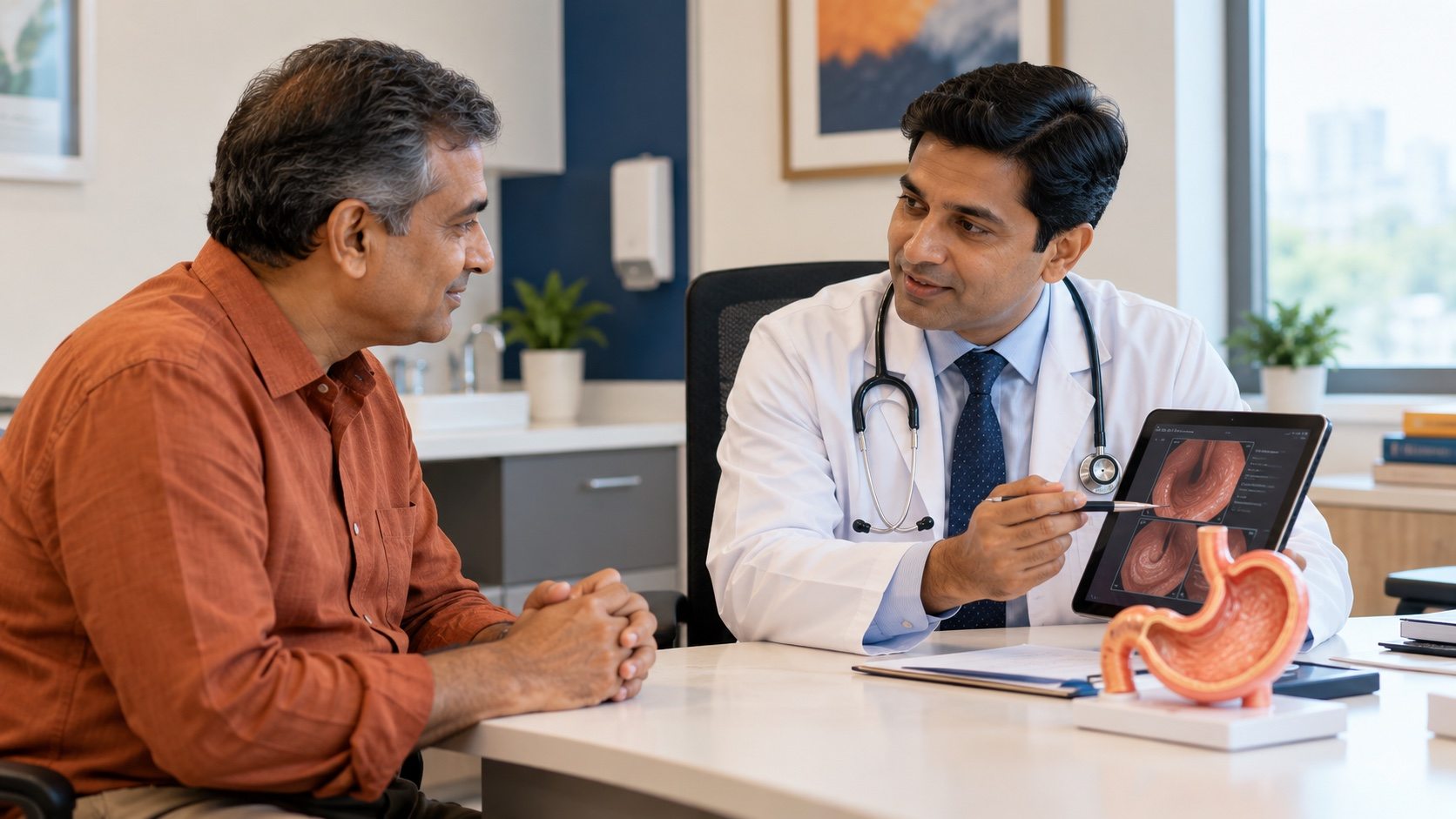 Gastroenterologist explaining digestive test results