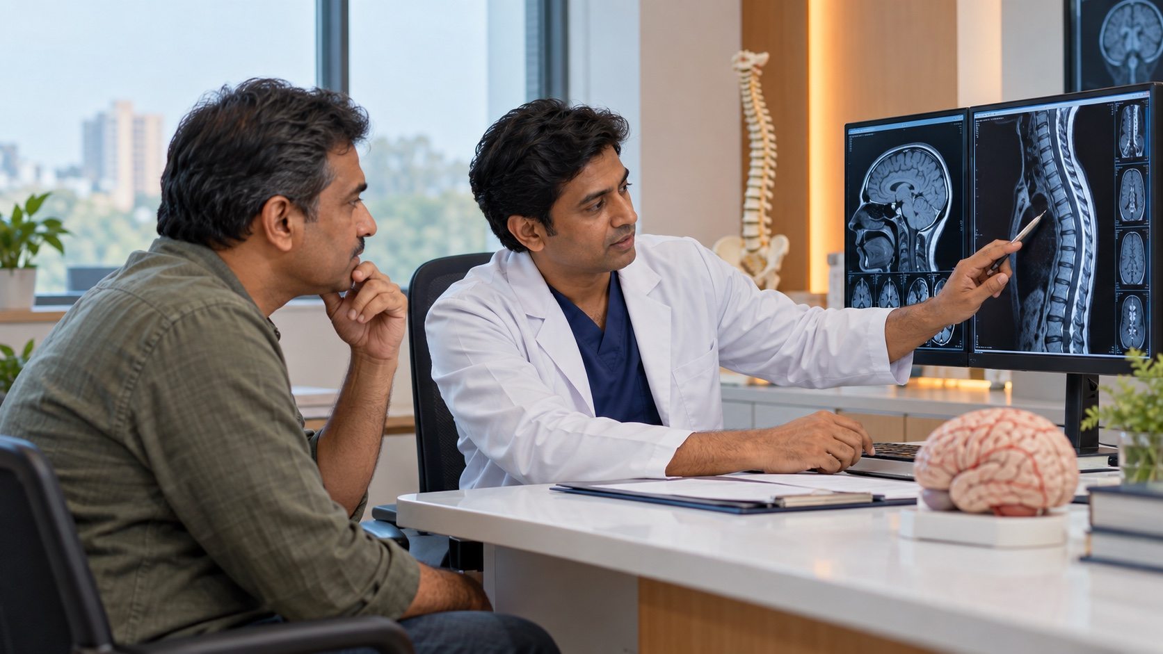 Neurosurgeon explaining brain and spine scans