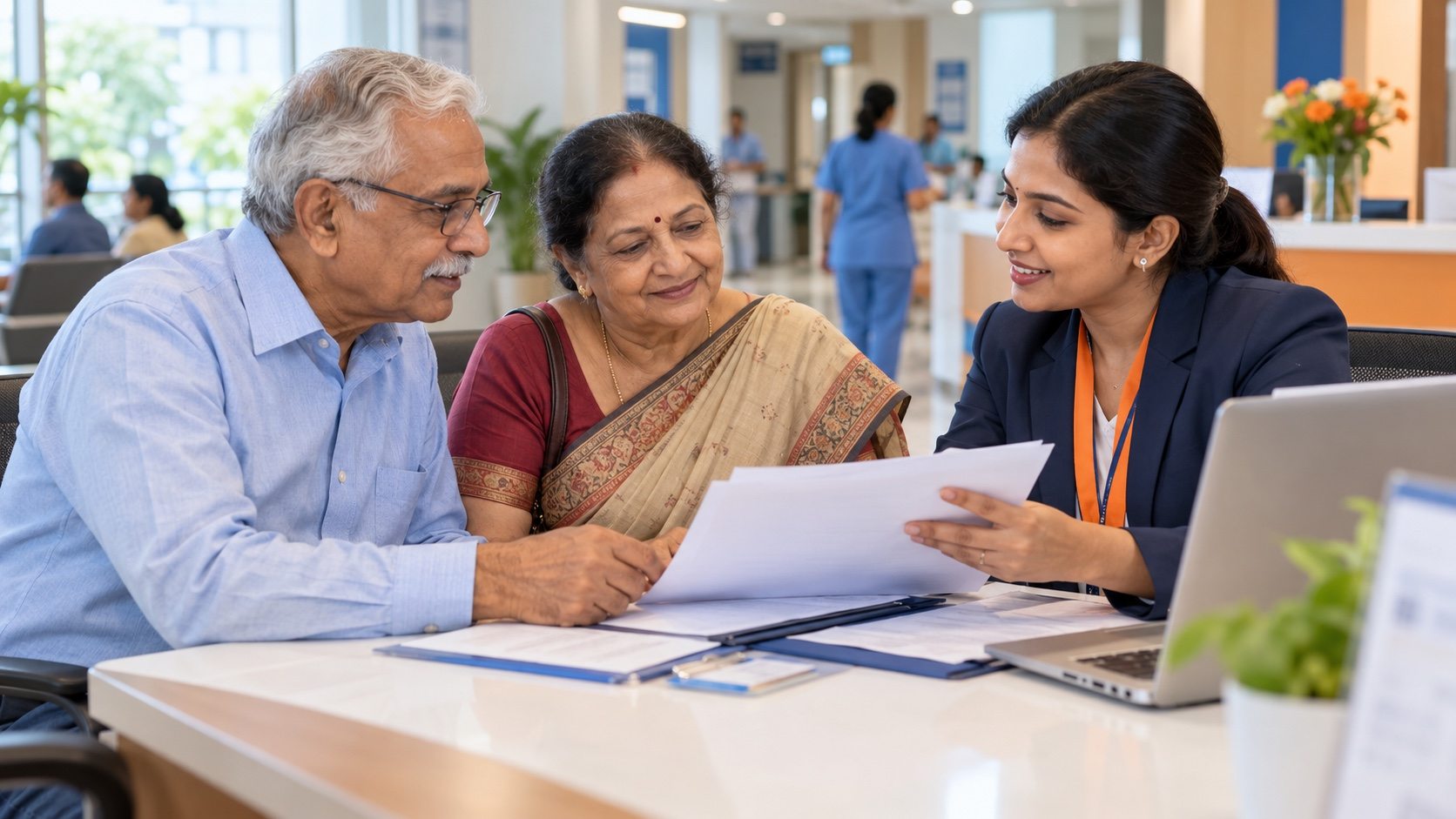 Hospital coordinator explaining cashless scheme documents